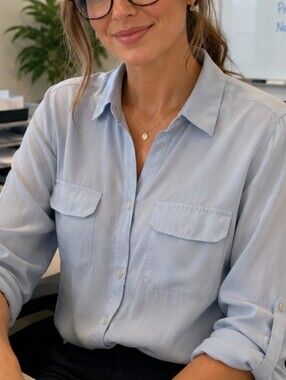 LOFT Light Blue Utility Blouse Large Roll Tab Sleeve Button Front Shirt
